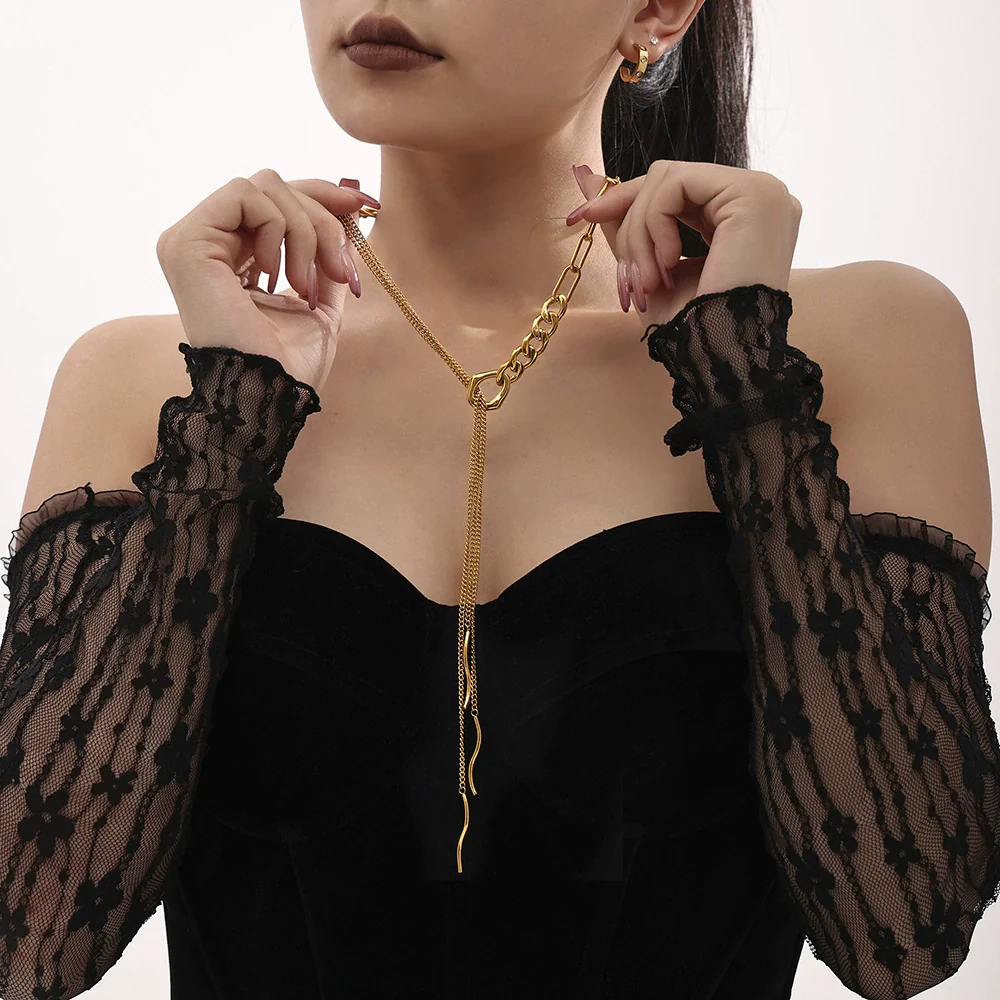Wholesale Women's Fashion Geometric Woolen Multilayer Tassel Curved Strip Stacked Long Necklace Stainless Steel 18K Gold Plated - Image 4