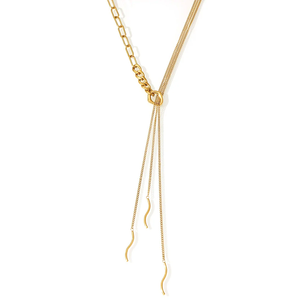 Wholesale Women's Fashion Geometric Woolen Multilayer Tassel Curved Strip Stacked Long Necklace Stainless Steel 18K Gold Plated - Image 5