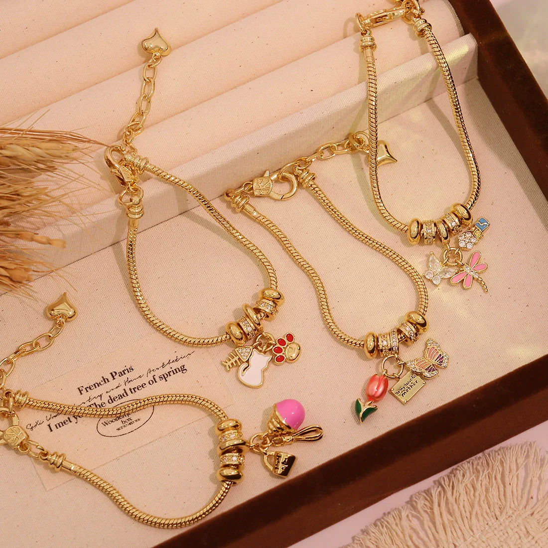 Wholesale Women's Fashion Gold Plated Copper Flower Butterfly Pendant Bracelet With Real Gold Plating - Image 2