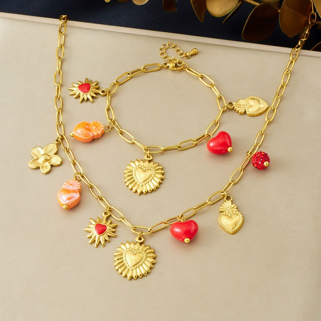 Wholesale Women's Fashion Jewelry Set With Heart Water Drop Bell Pattern Cross Chain Stainless Steel Electroplated Pendant