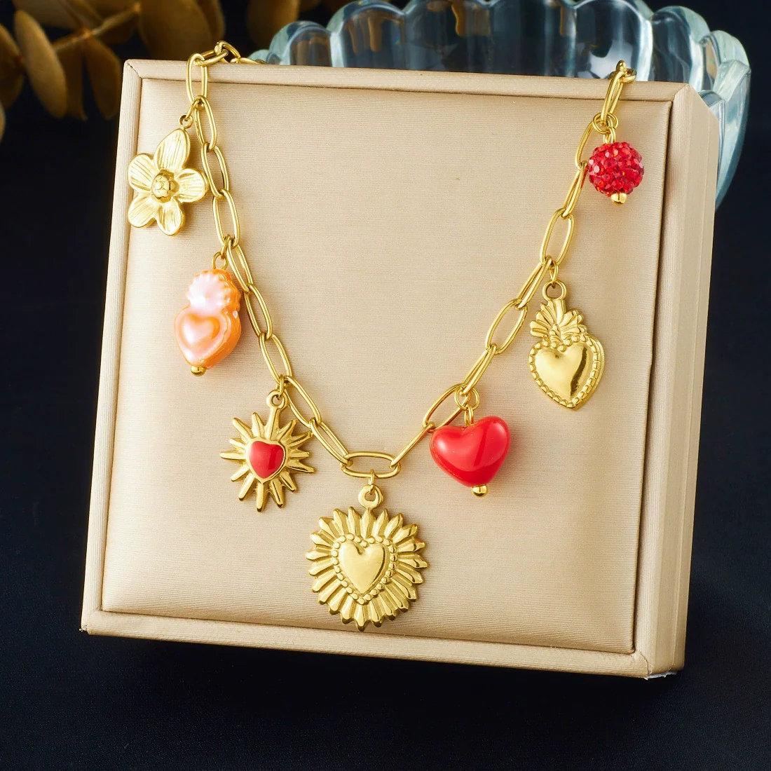 Wholesale Women's Fashion Jewelry Set With Heart Water Drop Bell Pattern Cross Chain Stainless Steel Electroplated Pendant - Image 6