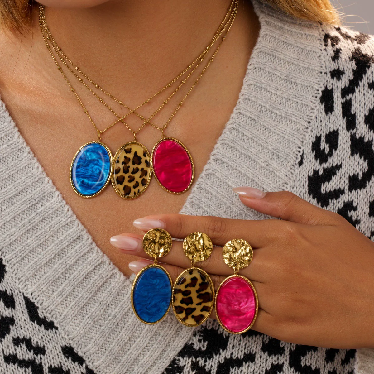 Wholesale Women's Fashion Jewelry Stainless Steel Geometric Leopard Print Electroplated Pendant Necklace And Earrings