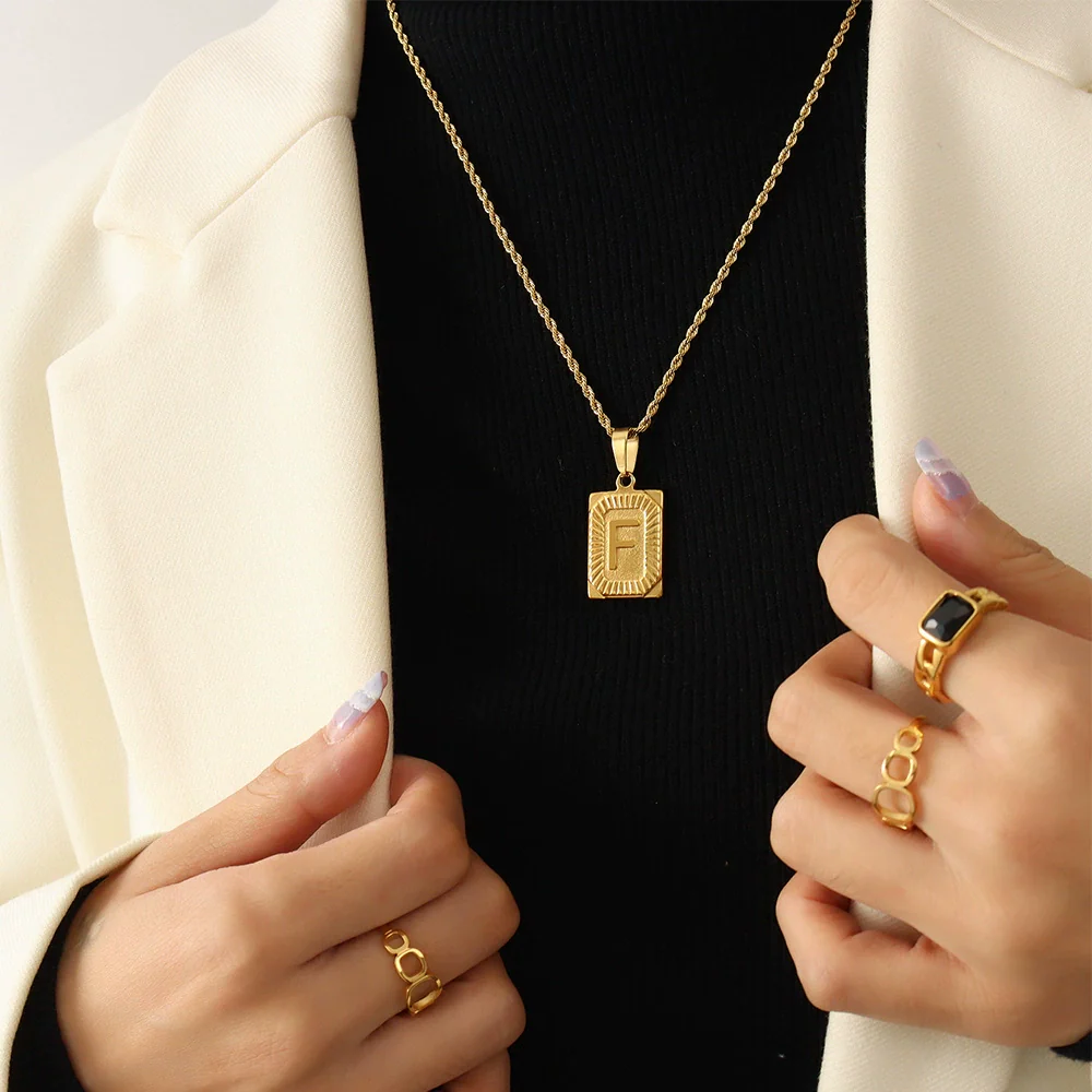 Wholesale Women's Fashion Jewelry Titanium Steel Ferris Wheel Design 18K Gold Plated Square Pendant Clavicle Chain With Letter And Number Patterns - Image 10