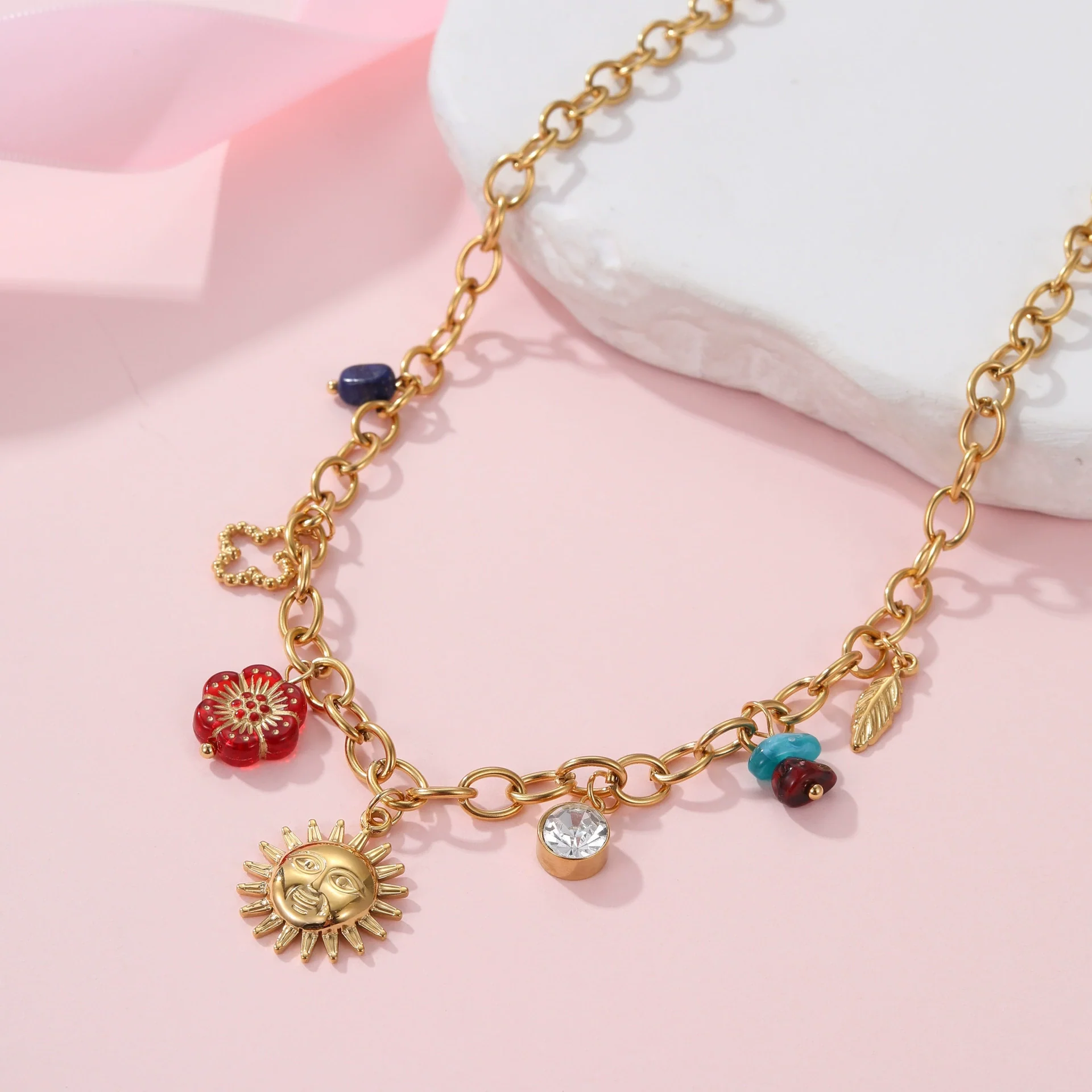Wholesale Women's Fashion Minimalist Geometric And Floral Pattern 18K Gold Plated Stainless Steel Pendant Necklace - Image 4