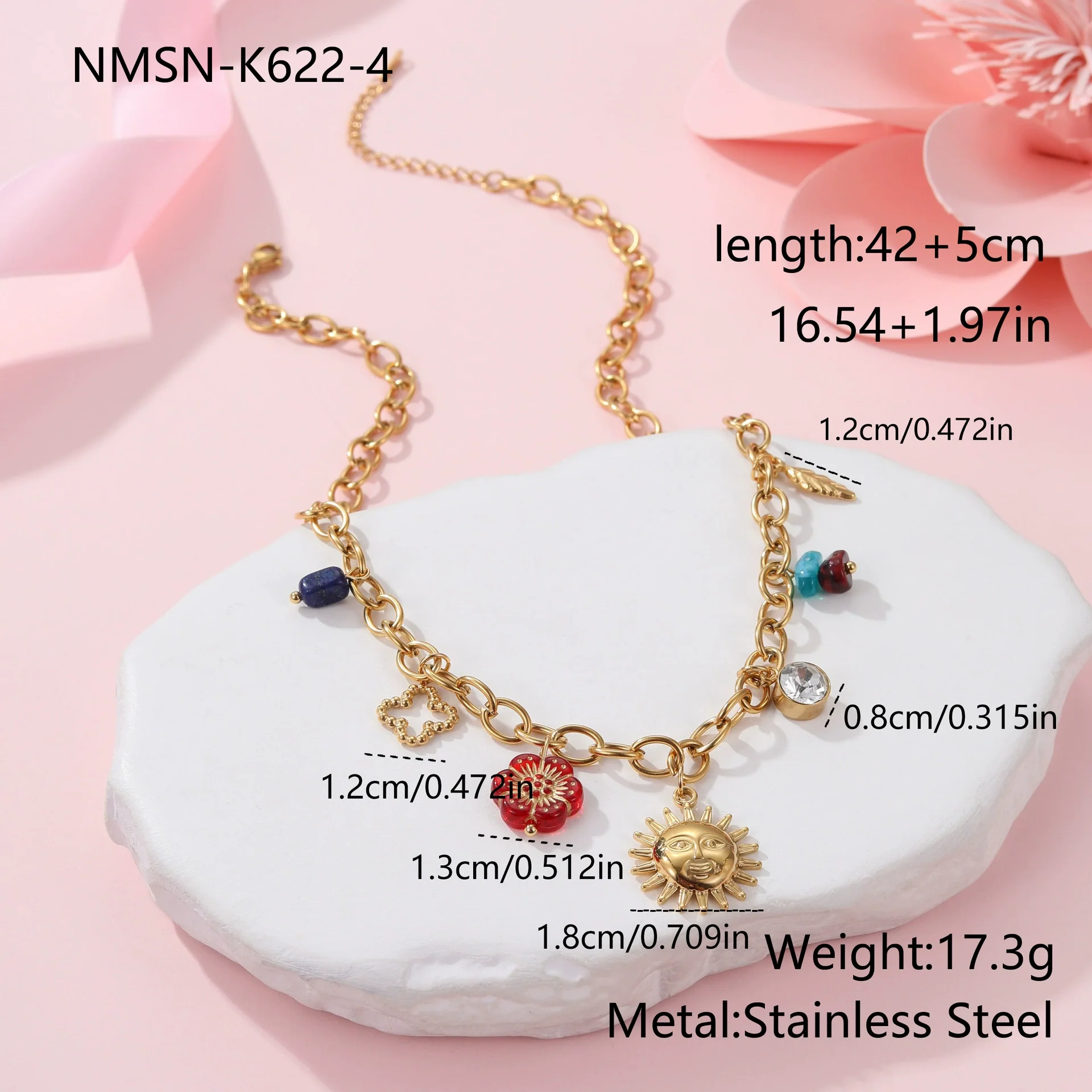 Wholesale Women's Fashion Minimalist Geometric And Floral Pattern 18K Gold Plated Stainless Steel Pendant Necklace - Image 6