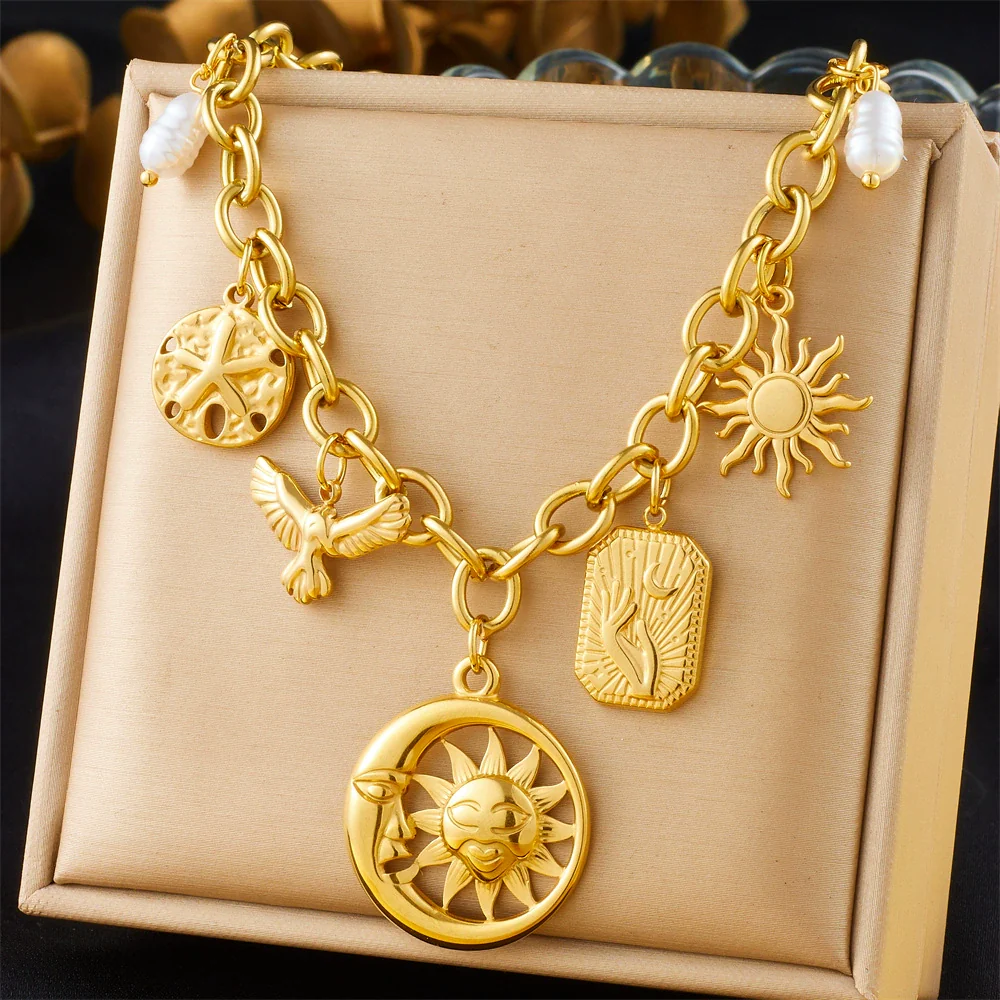 Wholesale Women's Fashion Retro Exaggerated Gold Electroplated Stainless Steel Chain Necklace With Star And Heart Elements - Image 14