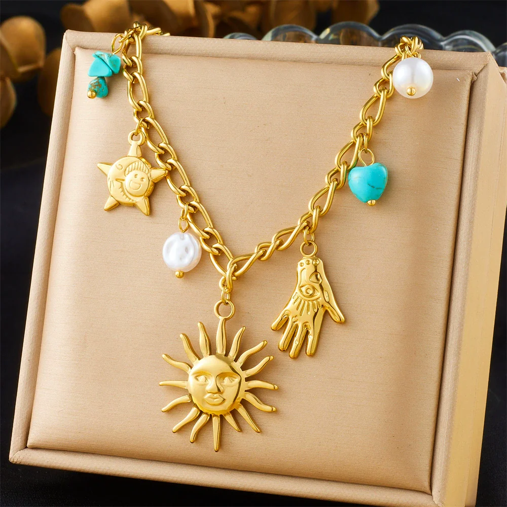 Wholesale Women's Fashion Retro Exaggerated Gold Electroplated Stainless Steel Chain Necklace With Star And Heart Elements - Image 15