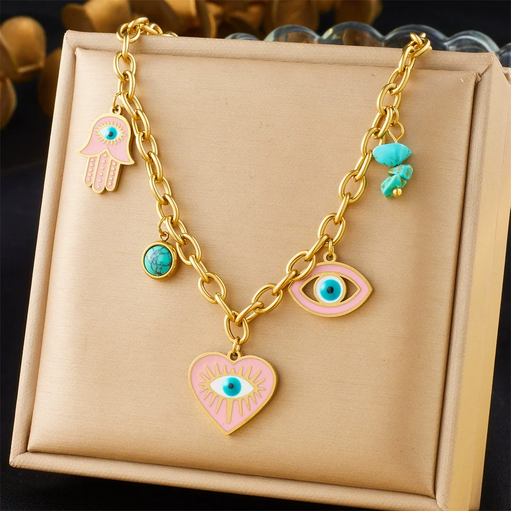 Wholesale Women's Fashion Retro Exaggerated Gold Electroplated Stainless Steel Chain Necklace With Star And Heart Elements - Image 17