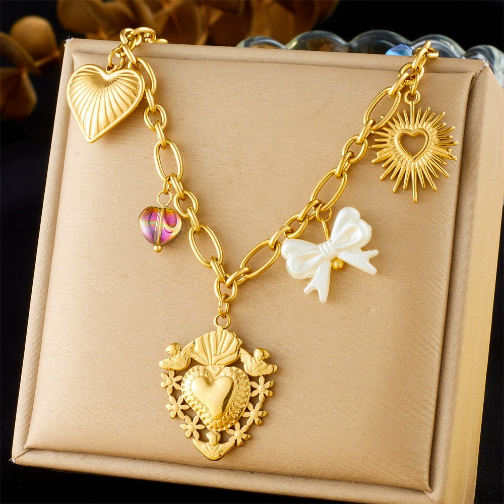 Wholesale Women's Fashion Retro Exaggerated Heart Shape Stainless Steel Electroplated Necklace Jewelry - Image 11
