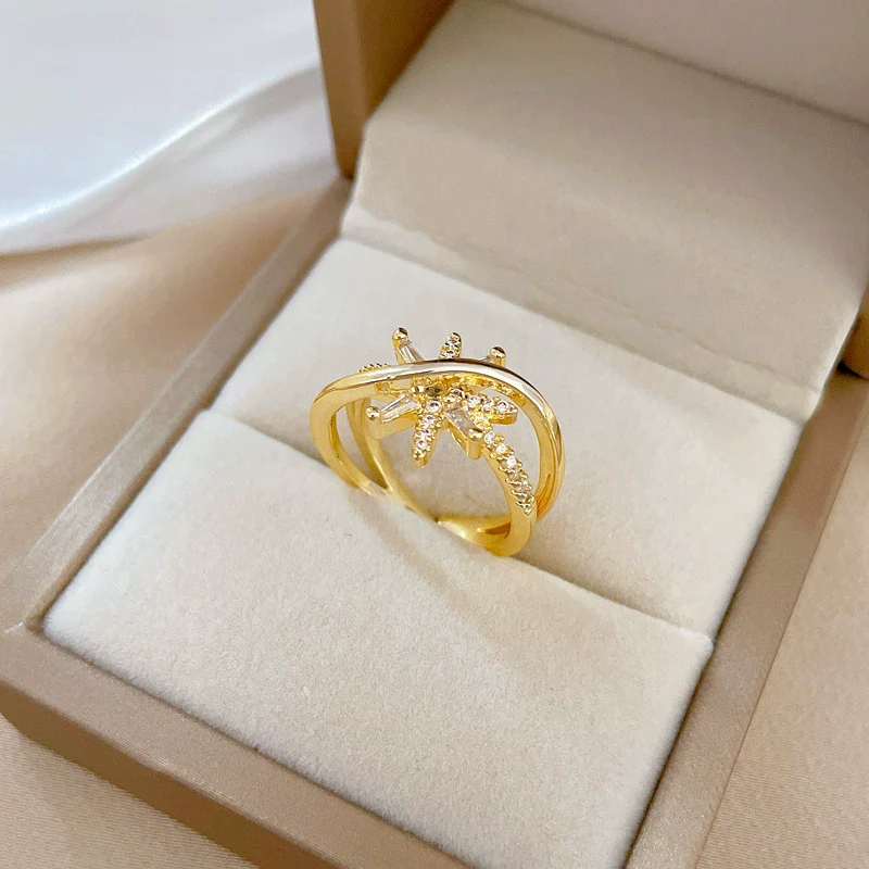 Wholesale Women's Fashion Ring Brass Gold Plated Open Star Crown Design - Image 2