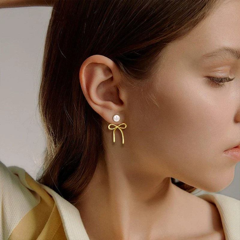 Wholesale Women's Fashion Simple Bow Tie Geometric Copper Gold Plated Earrings - Image 2
