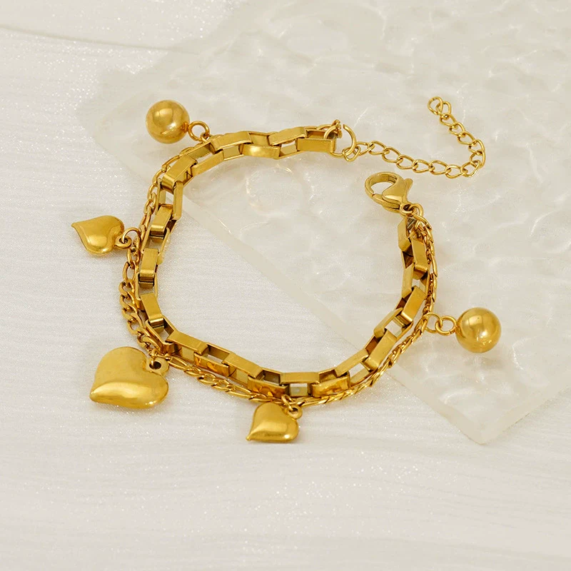 Wholesale Women's Fashion 316L Stainless Steel 18K Goldplated Doublelayer Heartshaped Folding Bracelet With Electroplating Treatment - Image 2
