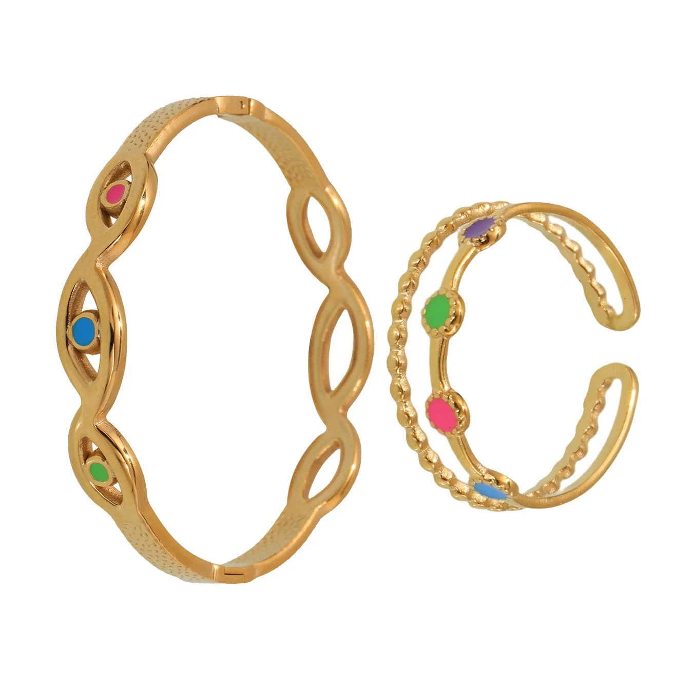 Wholesale Women's Fashion Stainless Steel And Titanium Steel Enamel Glaze Electroplated Ferris Wheel And Devil's Eye Ring And Bracelet - Image 5