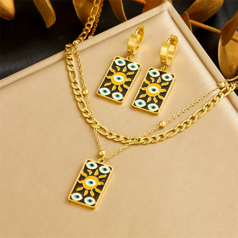 Wholesale Women's Fashion Stainless Steel Necklace And Earrings Set With Sun Devil's Eye Square Pendant And Stars Sun And Moon Clouds Cosmic Pattern Electroplated