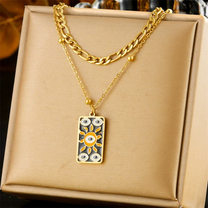 Wholesale Women's Fashion Stainless Steel Necklace And Earrings Set With Sun Devil's Eye Square Pendant And Stars Sun And Moon Clouds Cosmic Pattern Electroplated - Image 2