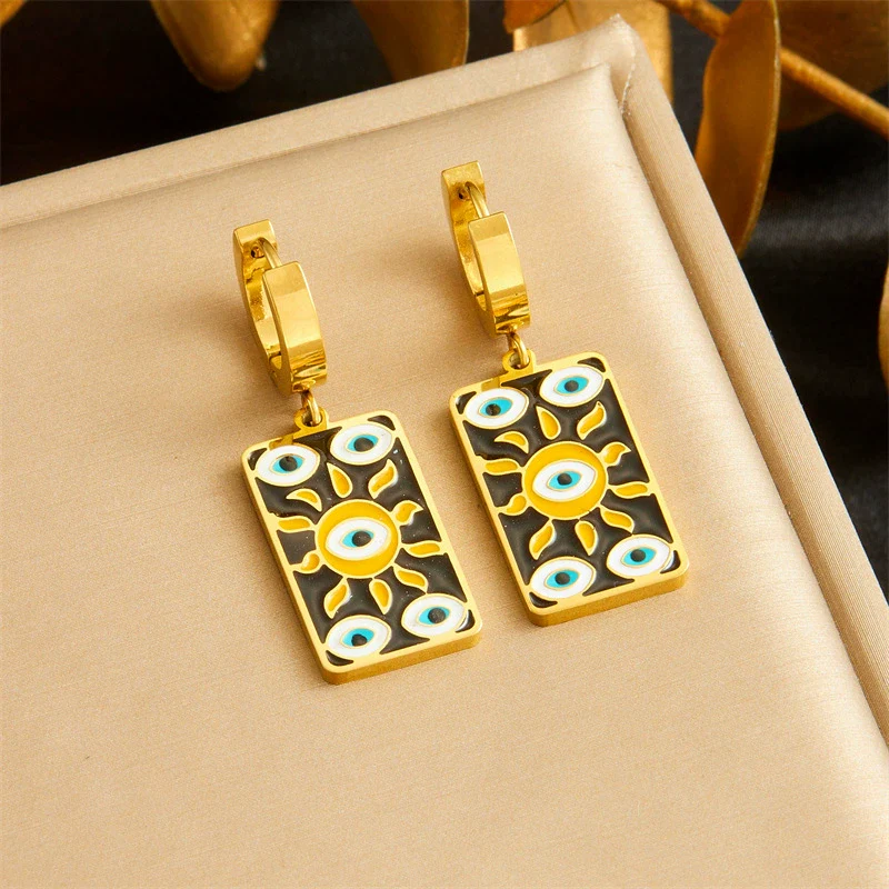 Wholesale Women's Fashion Stainless Steel Necklace And Earrings Set With Sun Devil's Eye Square Pendant And Stars Sun And Moon Clouds Cosmic Pattern Electroplated - Image 3