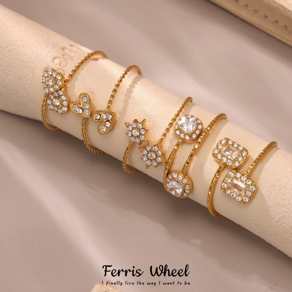 Wholesale Women's Fashionable And Versatile Geometric Heart Ferris Wheel Full Diamond Stainless Steel And Zircon 18K Gold Plated Index Finger Ring