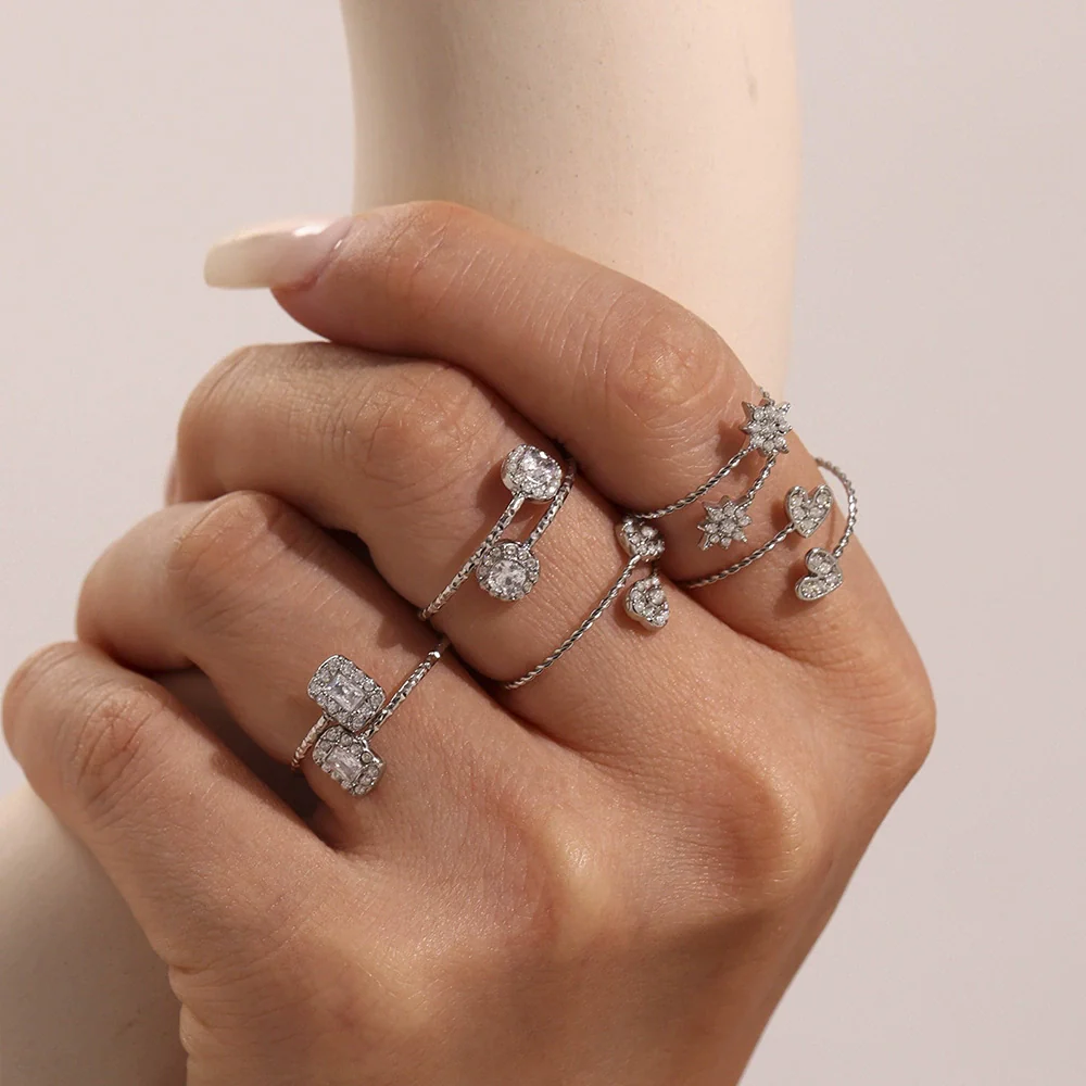 Wholesale Women's Fashionable And Versatile Geometric Heart Ferris Wheel Full Diamond Stainless Steel And Zircon 18K Gold Plated Index Finger Ring - Image 4
