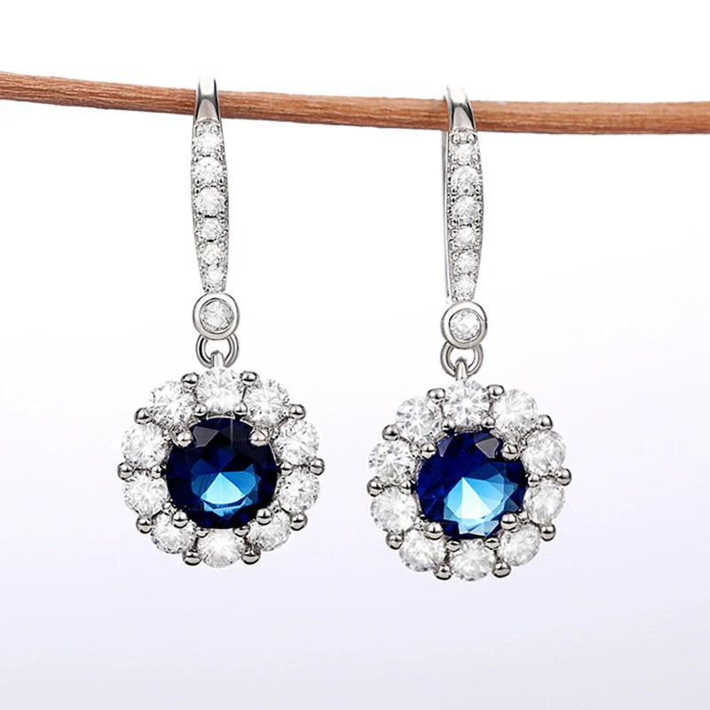 Wholesale Women's Fashionable Copper Long Earrings With Sapphire Blue Zircon And Flower Design - Image 2