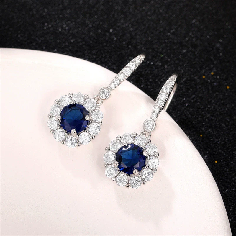 Wholesale Women's Fashionable Copper Long Earrings With Sapphire Blue Zircon And Flower Design - Image 3