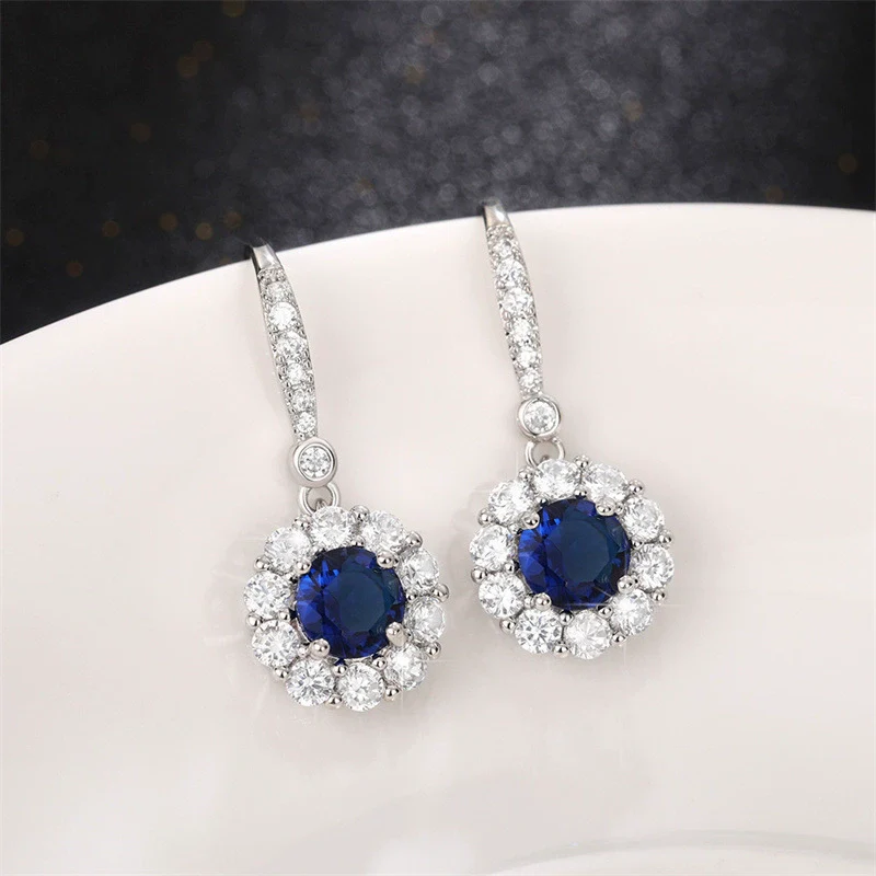 Wholesale Women's Fashionable Copper Long Earrings With Sapphire Blue Zircon And Flower Design - Image 4