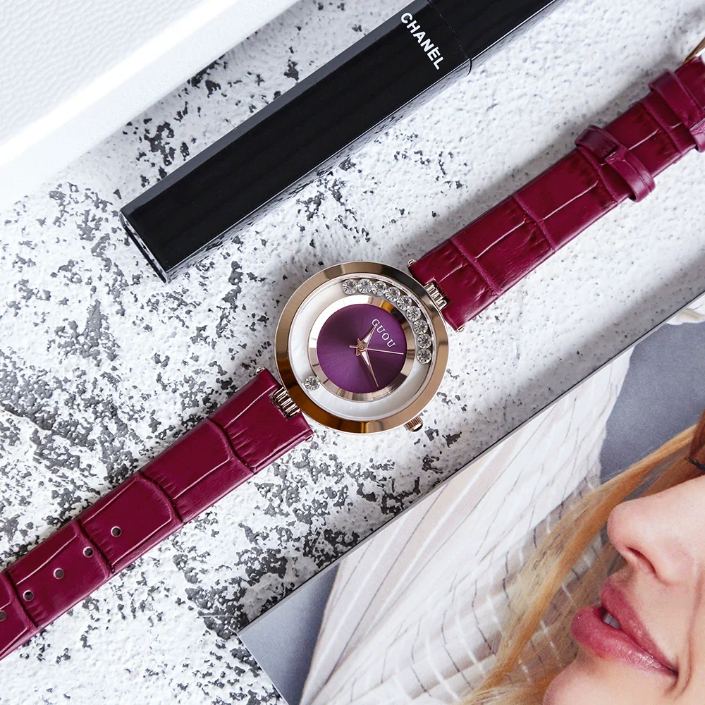 Wholesale Women's Fashionable Elegant Rhinestone Quartz Watch With Genuine Leather Strap And Alloy Case - Image 2