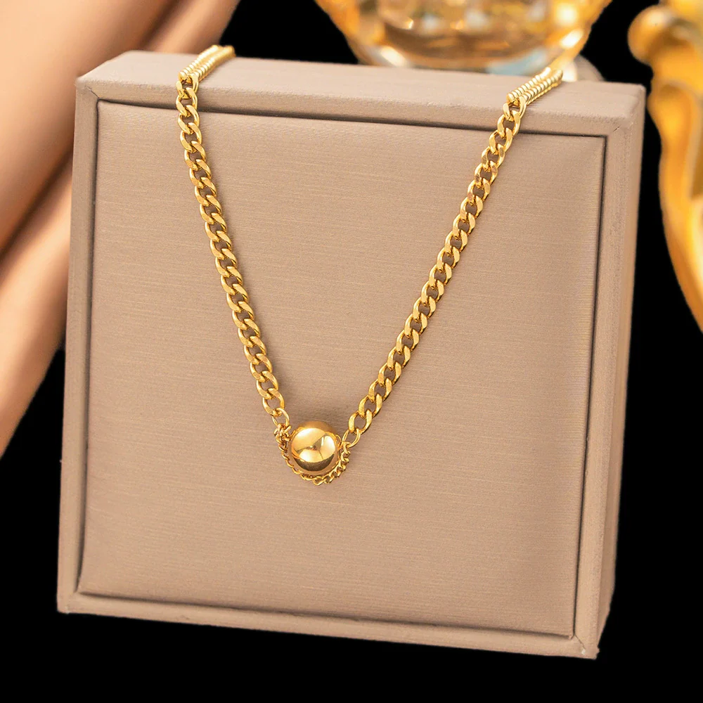 Wholesale Women's Fashionable Geometric Ball Titanium Steel Electroplated Jewelry Set With Twist Chain Necklace And Bracelet - Image 2