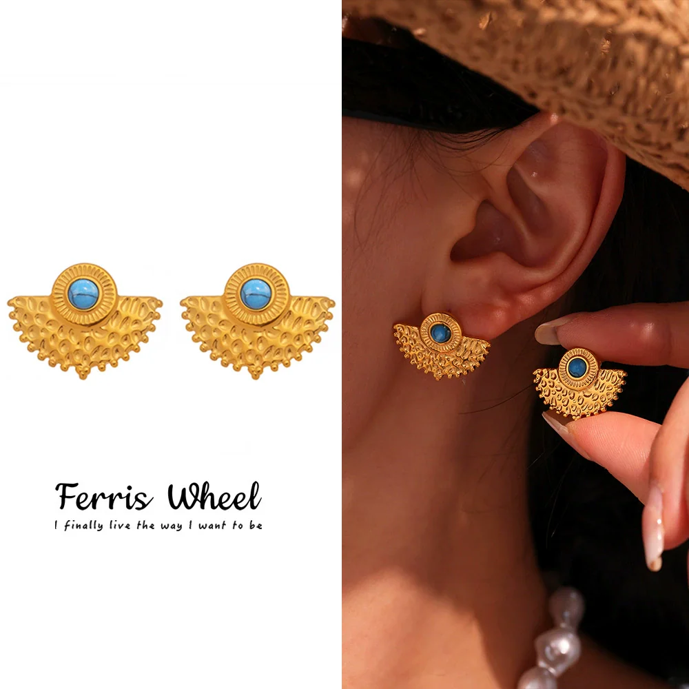 Wholesale Women's Fashionable Geometric Ferris Wheel Peacock Fanshaped Natural Blue Turquoise Stainless Steel 18K Gold Plated Earrings