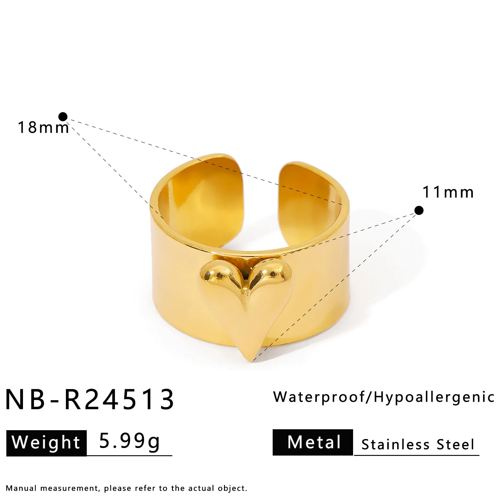 Wholesale Women's Fashionable Geometric Heartshaped Stainless Steel 18K Goldplated Ring - Image 6