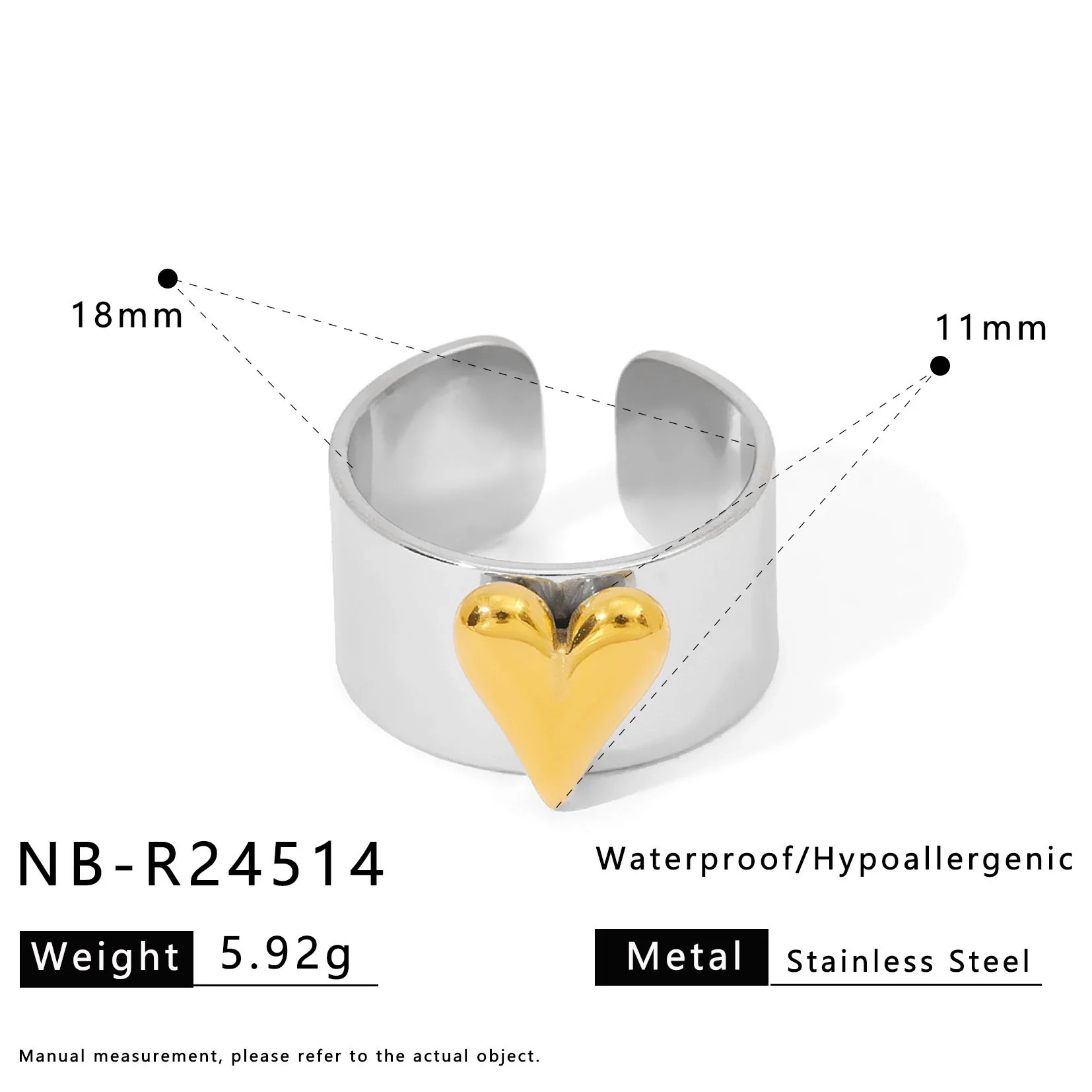 Wholesale Women's Fashionable Geometric Heartshaped Stainless Steel 18K Goldplated Ring - Image 7