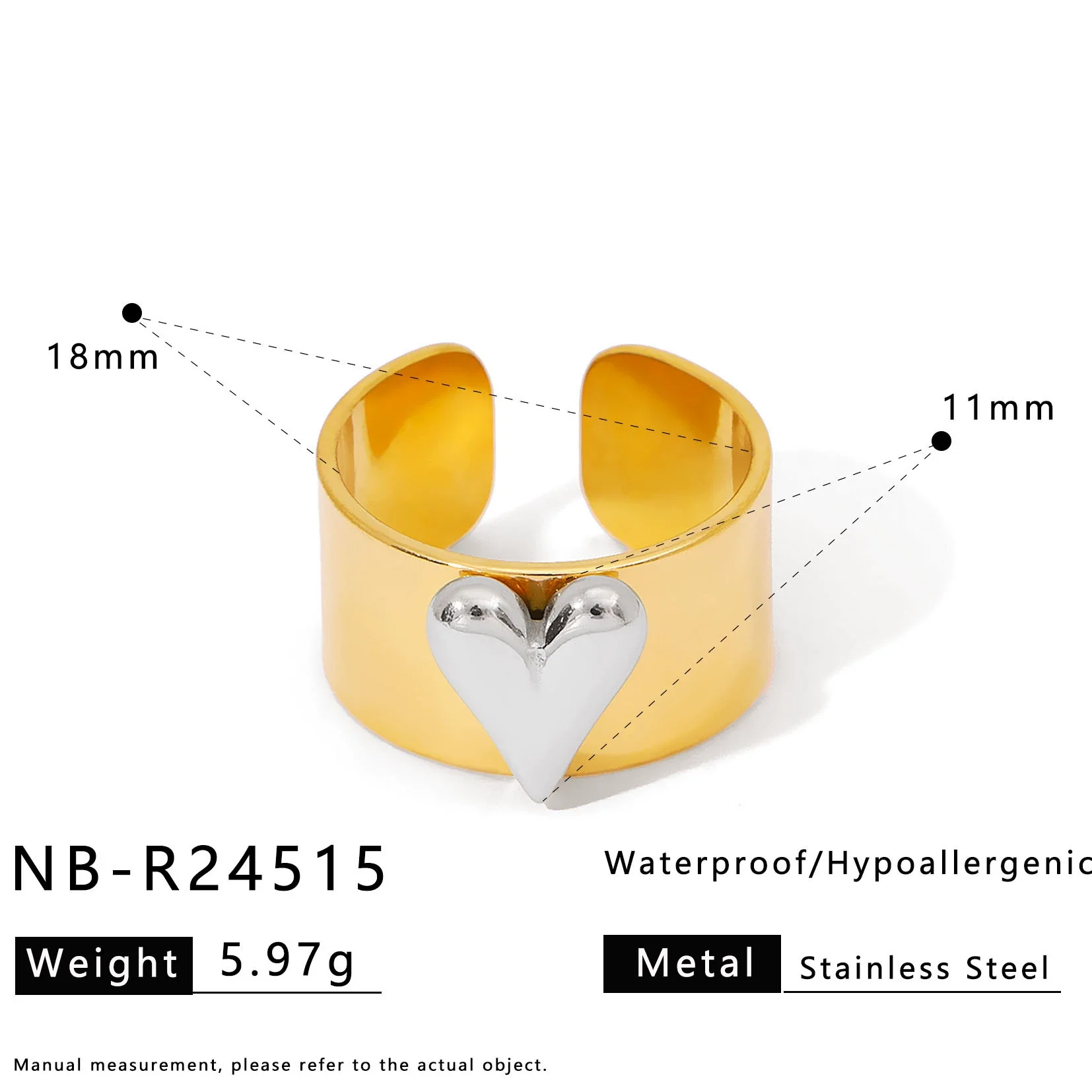 Wholesale Women's Fashionable Geometric Heartshaped Stainless Steel 18K Goldplated Ring - Image 8