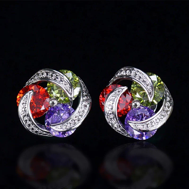 Wholesale Women's Fashionable Mix And Match Colorful Zircon Earrings Copper Geometric Flower Style With Diamond Treatment - Image 6