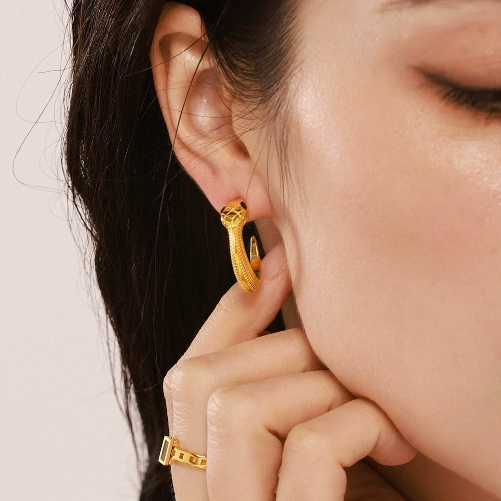 Wholesale Women's Ferris Wheel Frenchstyle Snakeshaped Geometric Green Zircon Stainless Steel Goldplated Earrings - Image 3