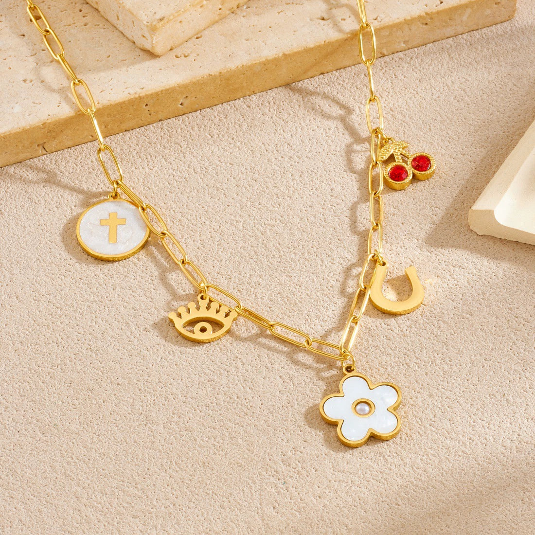 Wholesale Women's Floral Stainless Steel Electroplated Round Cross Pendant Necklace With Diamond Cherry Eye - Image 2