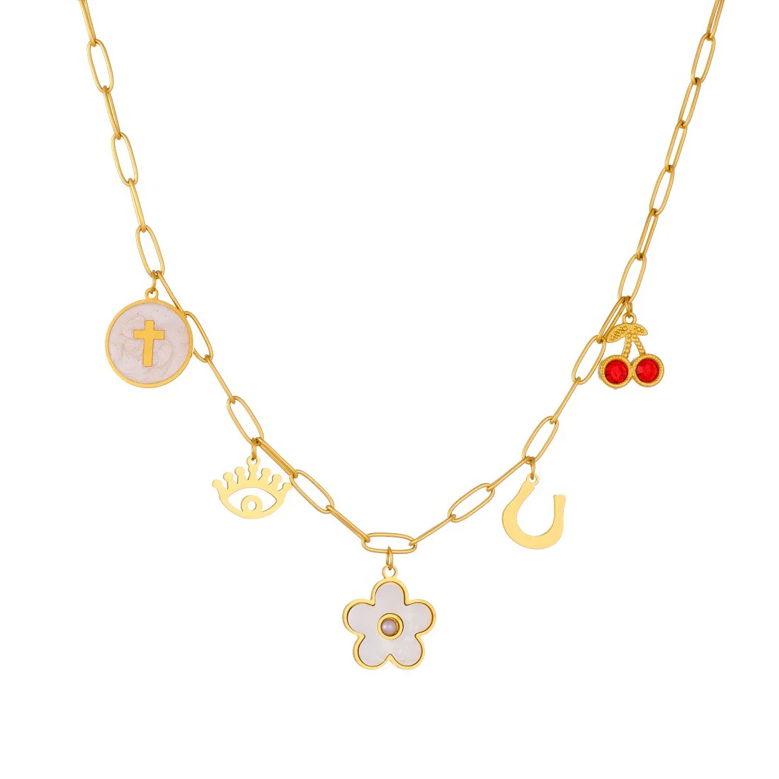 Wholesale Women's Floral Stainless Steel Electroplated Round Cross Pendant Necklace With Diamond Cherry Eye - Image 5