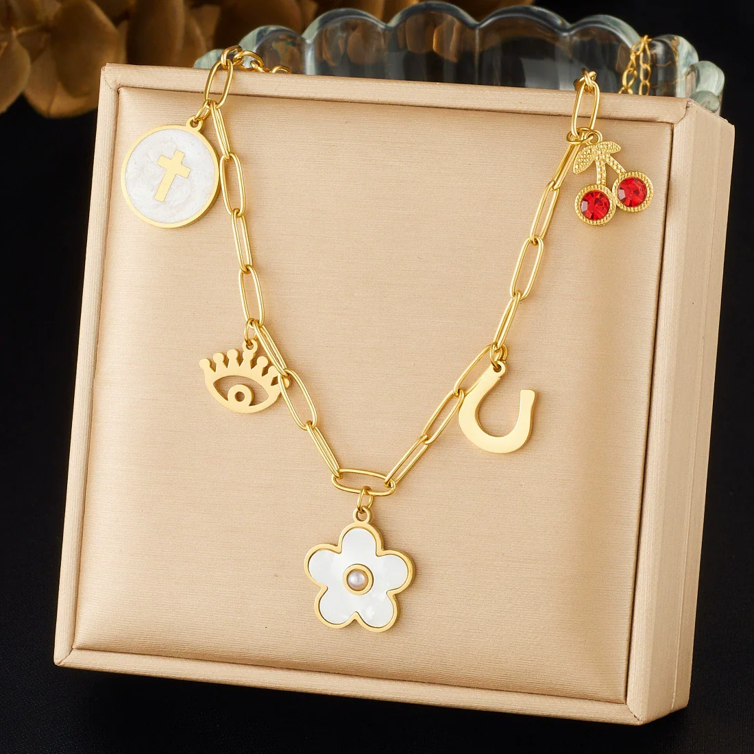Wholesale Women's Floral Stainless Steel Electroplated Round Cross Pendant Necklace With Diamond Cherry Eye - Image 6