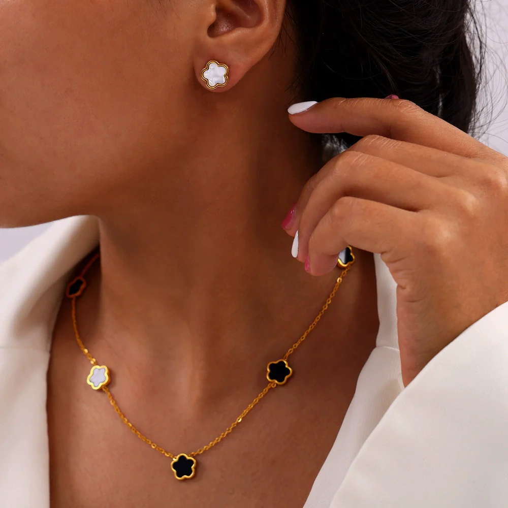 Wholesale Women's Flower Shape Jewelry Set Inlaid With White Sea Shell Acrylic Titanium Steel Ochain Electroplated - Image 4