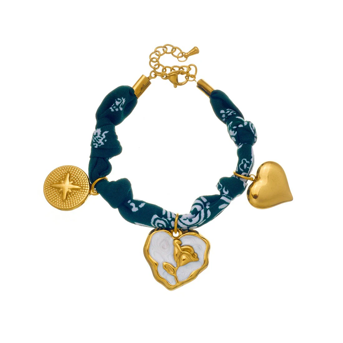 Wholesale Women's French Retro Heartshaped Printed Fabric Rope Chain Goldplated Stainless Steel Compass Pendant Bracelet - Image 5
