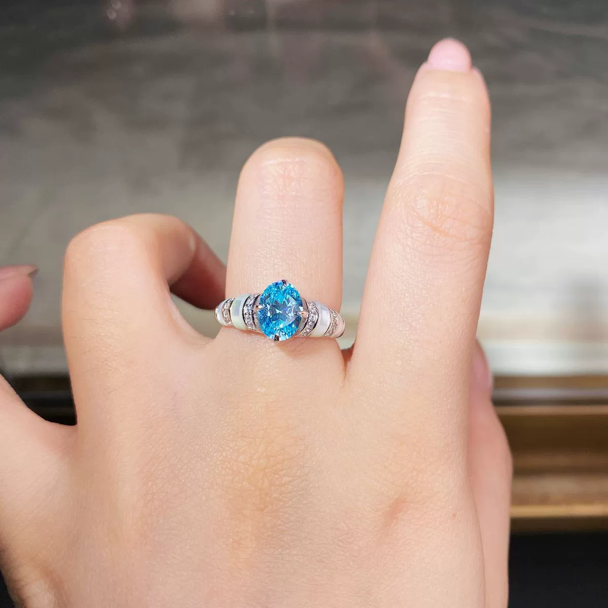Wholesale Women's Fritillary Ring 925 Sterling Silver Geometric Fashion Electroplated Aqua Sapphire Blue Series - Image 4