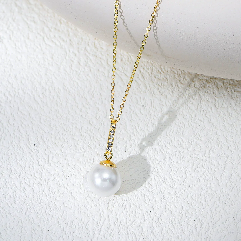 Wholesale Women's Geometric 925 Sterling Silver Diamond Micropaved Zircon Pearl Pendant Cross Chain Necklace