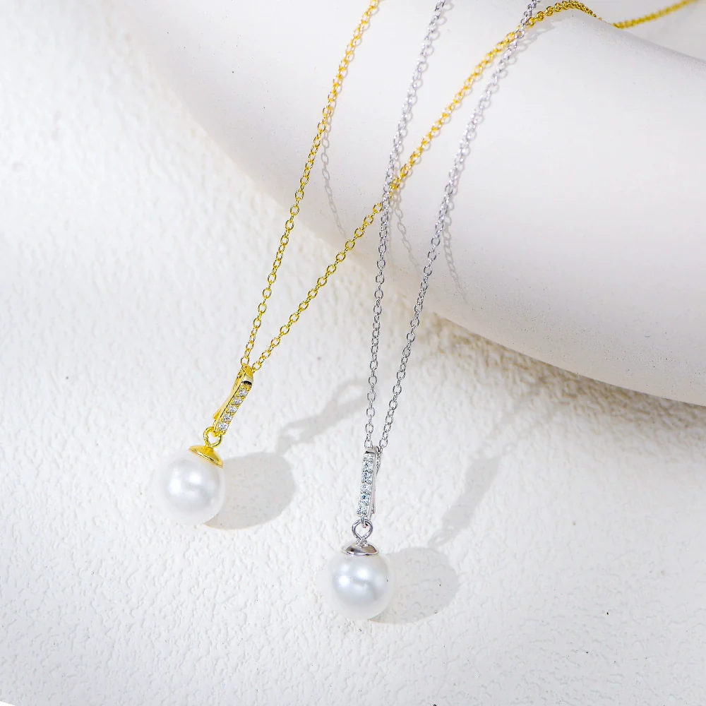 Wholesale Women's Geometric 925 Sterling Silver Diamond Micropaved Zircon Pearl Pendant Cross Chain Necklace - Image 3