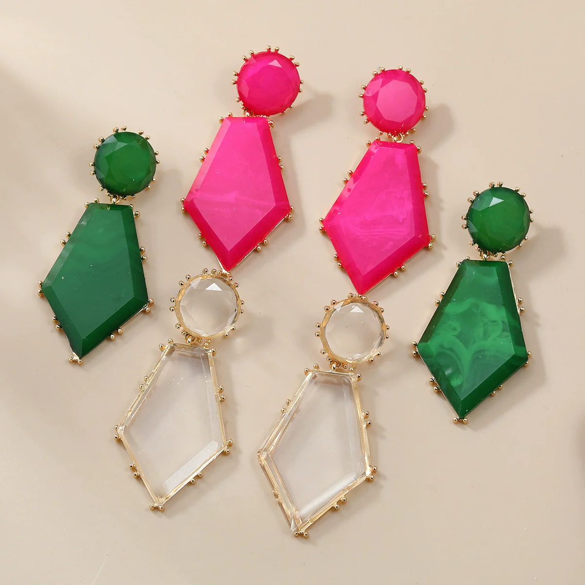 Wholesale Women's Geometric Acetate Plate Earrings With Electroplating Round Hexagonal Design