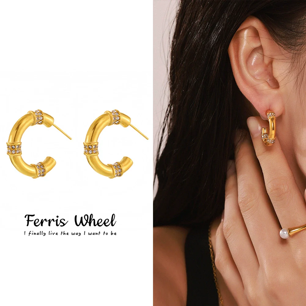 Wholesale Women's Geometric And Ushaped Stainless Steel Electroplated Ferris Wheel Cshaped Diamond Earrings