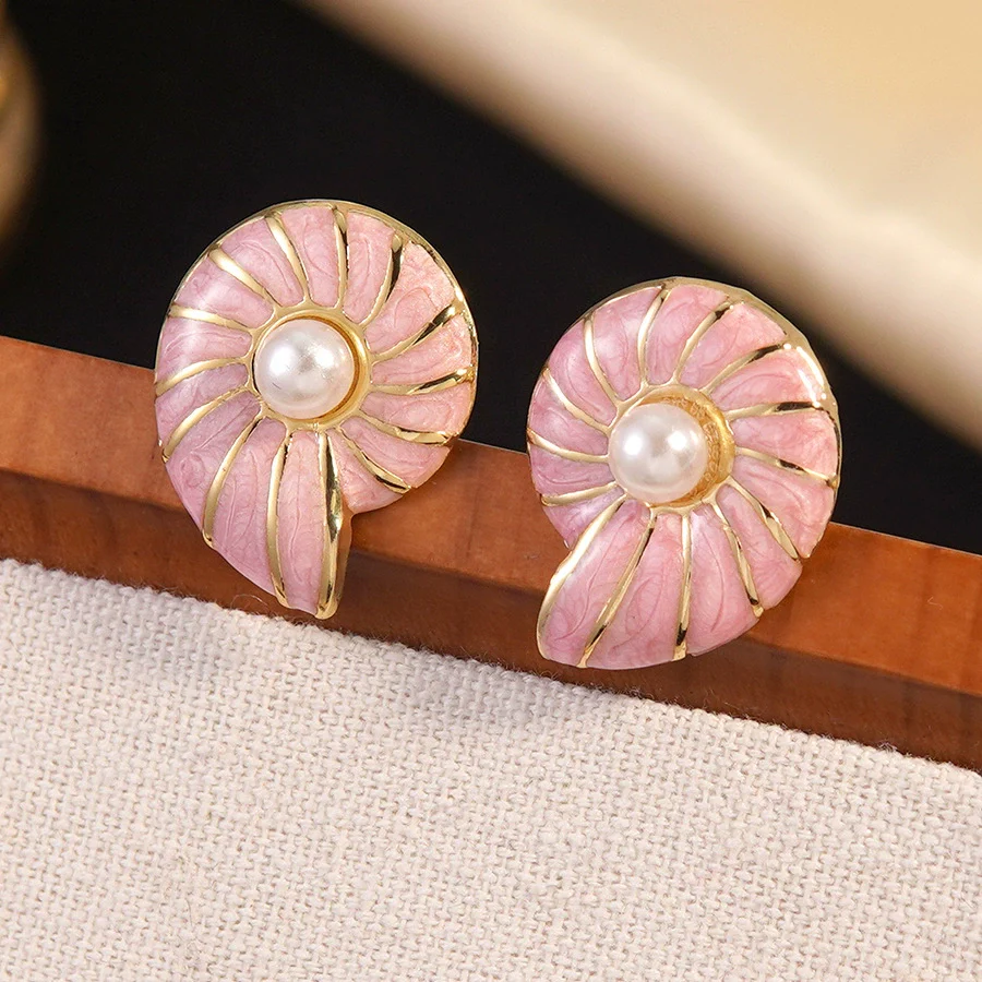 Wholesale Women's Geometric Animal Style Oil Dripping Plastic Resin Stainless Steel Conch Earrings - Image 9