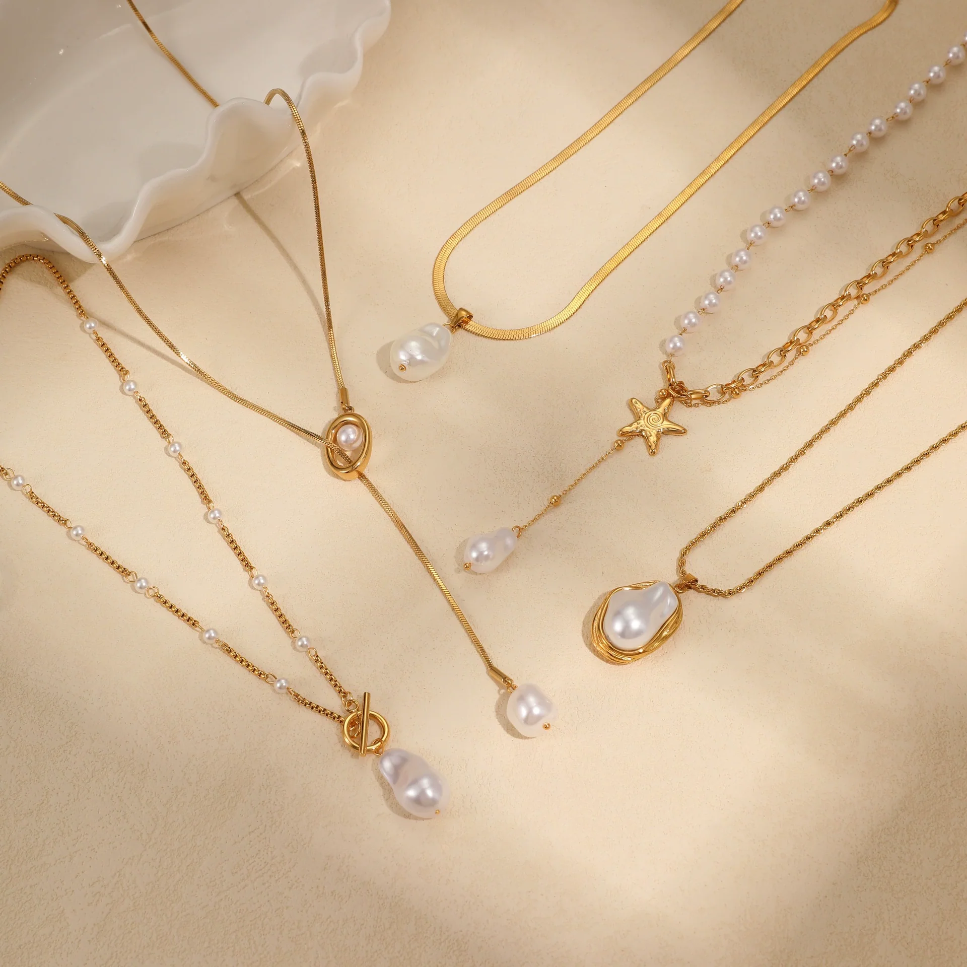 Wholesale Women's Geometric Baroque Imitation Pearl Stainless Steel 18K Electroplated Necklace Light Luxury Jewelry
