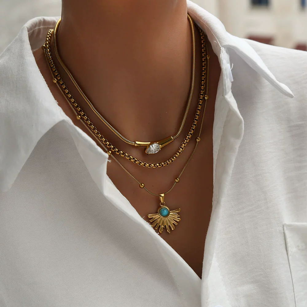 Wholesale Women's Geometric Beaded Fanshaped Turquoise Titanium Steel Goldplated Pendant Necklace - Image 4