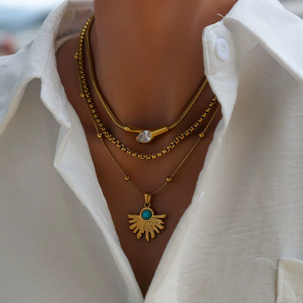 Wholesale Women's Geometric Beaded Fanshaped Turquoise Titanium Steel Goldplated Pendant Necklace - Image 5
