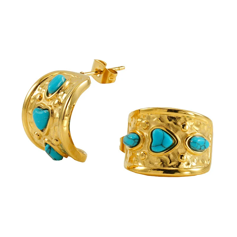 Wholesale Women's Geometric Blue Turquoise 316L Stainless Steel Electroplated Vintage Earrings - Image 5