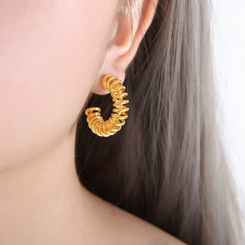 Wholesale Women's Geometric C Shaped Hollow Titanium Steel 18K Gold Electroplated Earrings - Image 3