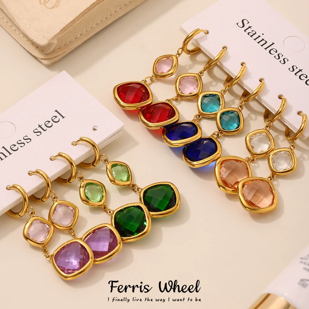 Wholesale Women's Geometric Colorblocking Ferris Wheel Tassel Earrings Made Of Stainless Steel And Glass Stone With Electroplating